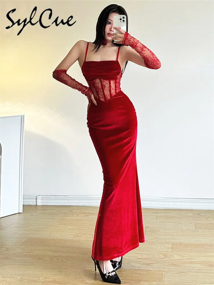 Elegant Lace Sling Dress with Sleeves - Winter Formal Party Dress - ZOOMNSTORE