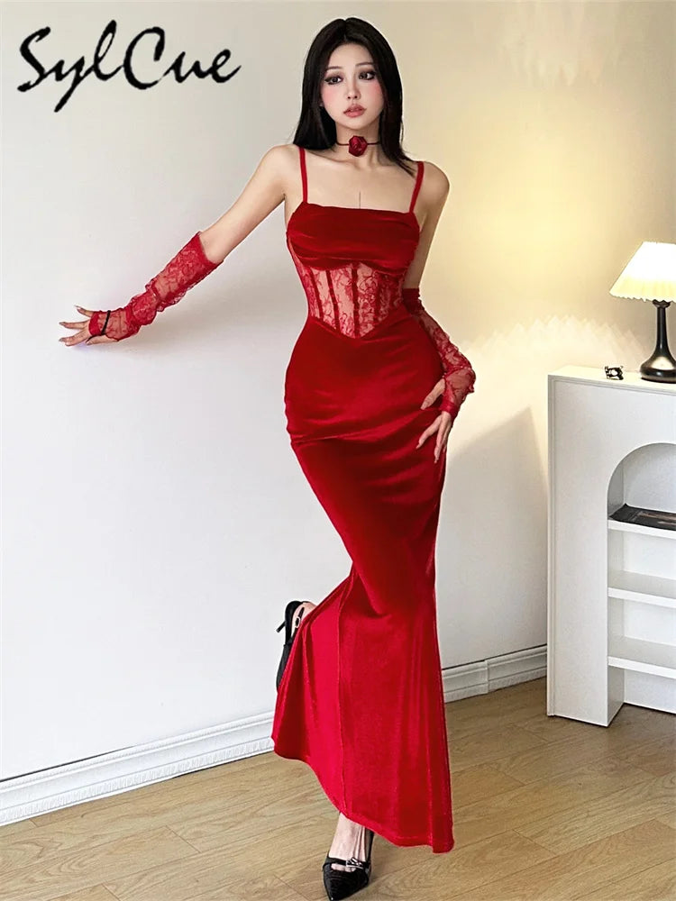 Elegant Lace Sling Dress with Sleeves - Winter Formal Party Dress - ZOOMNSTORE