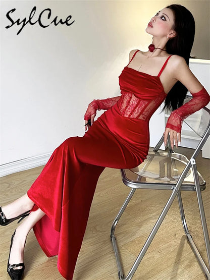 Elegant Lace Sling Dress with Sleeves - Winter Formal Party Dress - ZOOMNSTORE