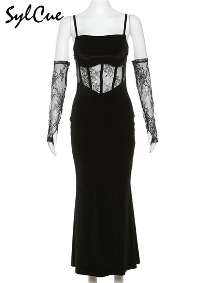 Elegant Lace Sling Dress with Sleeves - Winter Formal Party Dress - ZOOMNSTORE