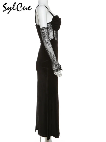 Elegant Lace Sling Dress with Sleeves - Winter Formal Party Dress - ZOOMNSTORE