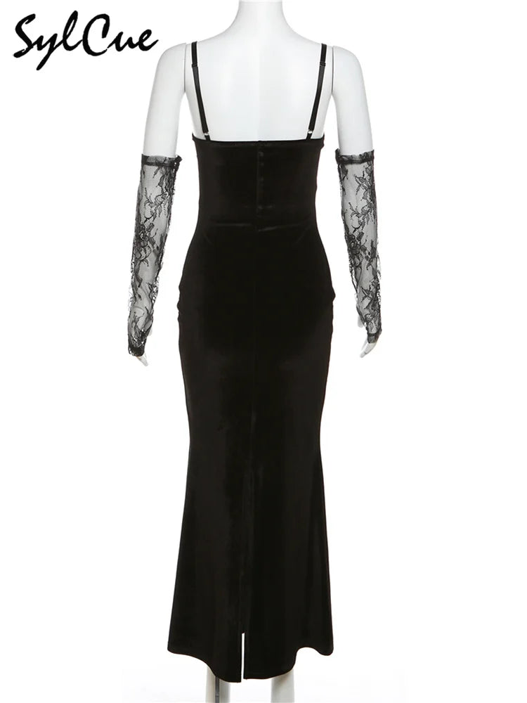 Elegant Lace Sling Dress with Sleeves - Winter Formal Party Dress - ZOOMNSTORE