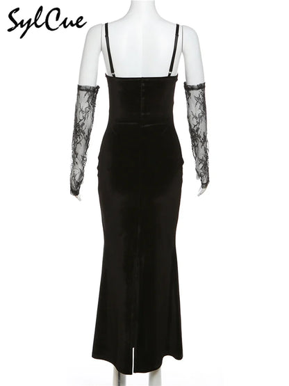 Elegant Lace Sling Dress with Sleeves - Winter Formal Party Dress - ZOOMNSTORE