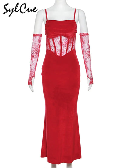 Elegant Lace Sling Dress with Sleeves - Winter Formal Party Dress - ZOOMNSTORE