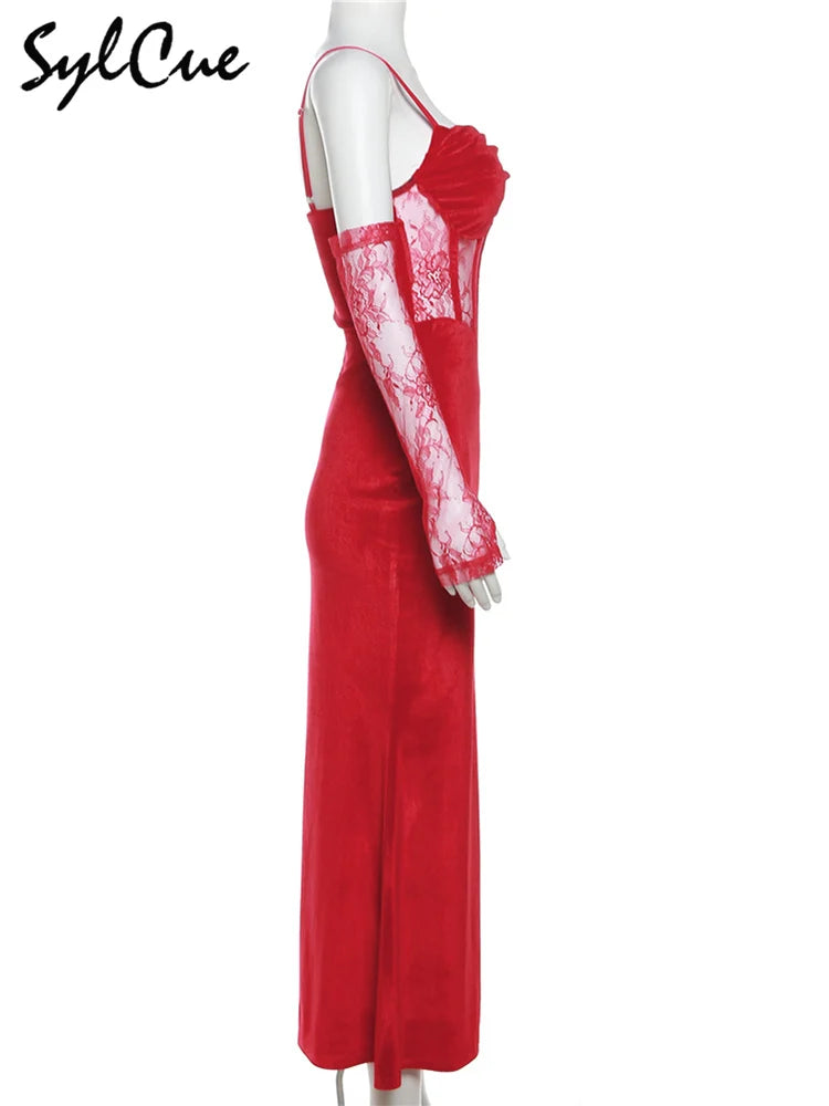 Elegant Lace Sling Dress with Sleeves - Winter Formal Party Dress - ZOOMNSTORE