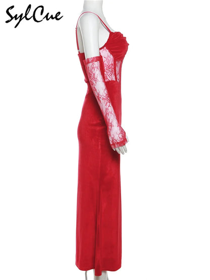 Elegant Lace Sling Dress with Sleeves - Winter Formal Party Dress - ZOOMNSTORE