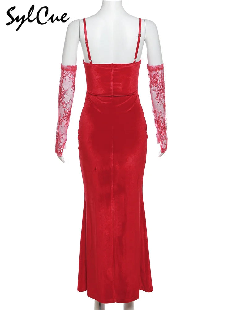 Elegant Lace Sling Dress with Sleeves - Winter Formal Party Dress - ZOOMNSTORE