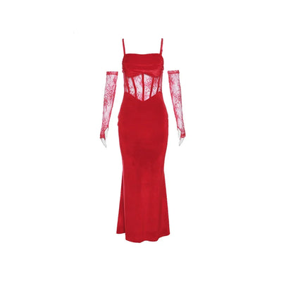 Elegant Lace Sling Dress with Sleeves - Winter Formal Party Dress - ZOOMNSTORE