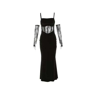 Elegant Lace Sling Dress with Sleeves - Winter Formal Party Dress - ZOOMNSTORE