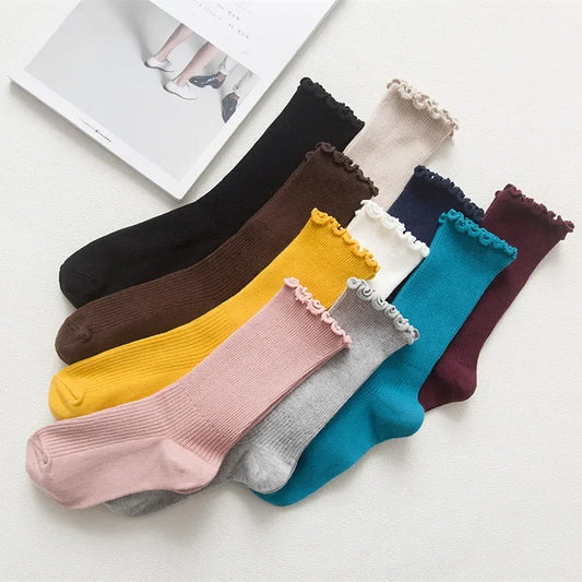 Womens Lace Trim Ruffle Socks - Kawaii Vintage Mid Calf Cotton Socks - ZOOMNSTORE