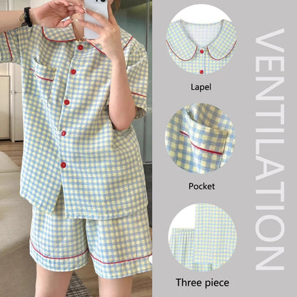 Plaid Short-Sleeve Pajama Set with Cardigan - Ladies Winter Sleepwear - ZOOMNSTORE