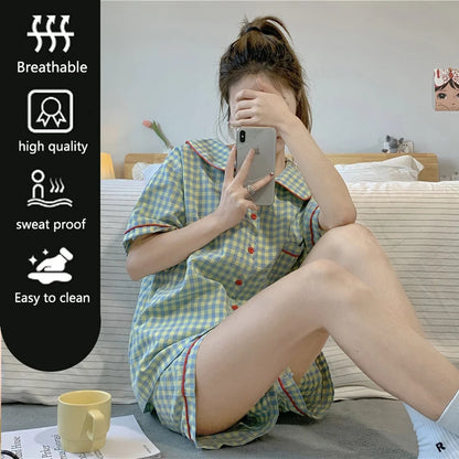 Plaid Short-Sleeve Pajama Set with Cardigan - Ladies Winter Sleepwear - ZOOMNSTORE