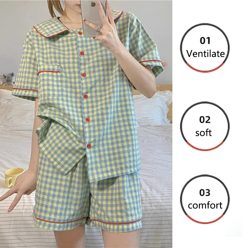 Plaid Short-Sleeve Pajama Set with Cardigan - Ladies Winter Sleepwear - ZOOMNSTORE