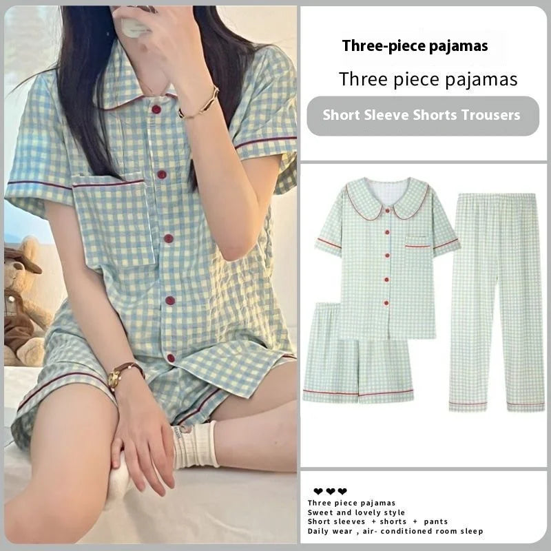 Plaid Short-Sleeve Pajama Set with Cardigan - Ladies Winter Sleepwear - ZOOMNSTORE