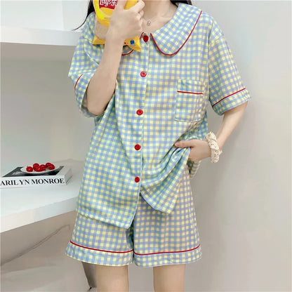 Plaid Short-Sleeve Pajama Set with Cardigan - Ladies Winter Sleepwear - ZOOMNSTORE