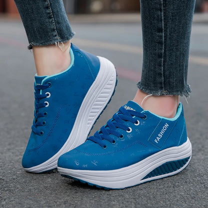 Ladies Sports Shoes – Breathable Lace-Up Wedge Heel Thick Sole Sneakers - ZOOMNSTORE
