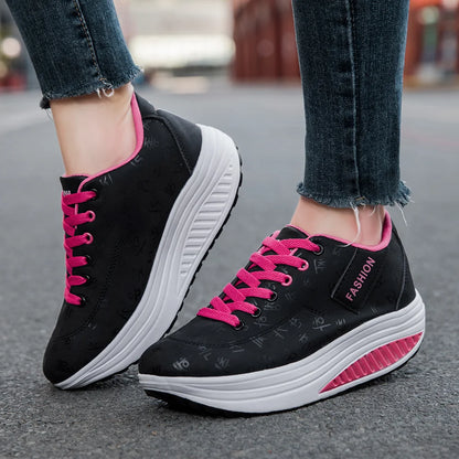 Ladies Sports Shoes – Breathable Lace-Up Wedge Heel Thick Sole Sneakers - ZOOMNSTORE