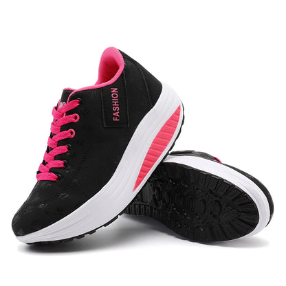 Ladies Sports Shoes – Breathable Lace-Up Wedge Heel Thick Sole Sneakers - ZOOMNSTORE