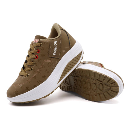 Ladies Sports Shoes – Breathable Lace-Up Wedge Heel Thick Sole Sneakers - ZOOMNSTORE