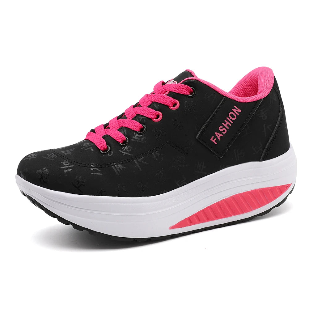 Ladies Sports Shoes – Breathable Lace-Up Wedge Heel Thick Sole Sneakers - ZOOMNSTORE