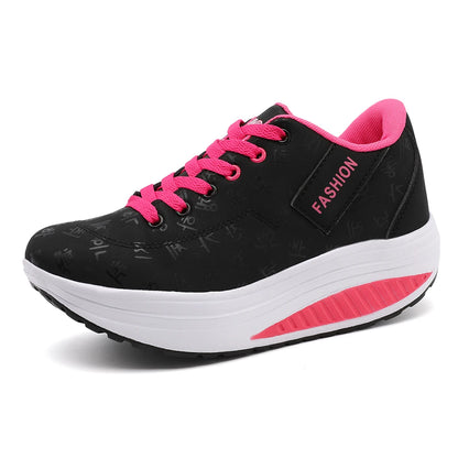 Ladies Sports Shoes – Breathable Lace-Up Wedge Heel Thick Sole Sneakers - ZOOMNSTORE