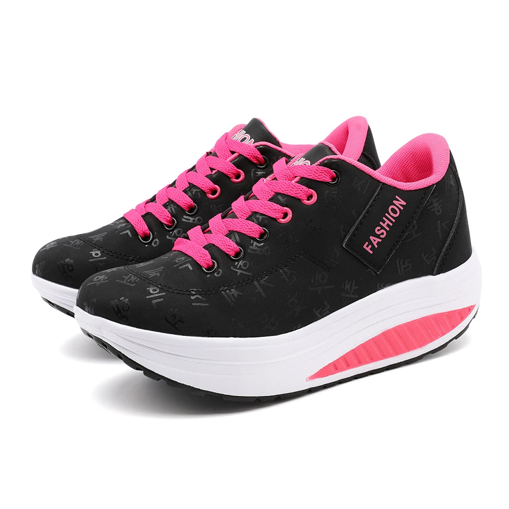 Ladies Sports Shoes – Breathable Lace-Up Wedge Heel Thick Sole Sneakers - ZOOMNSTORE