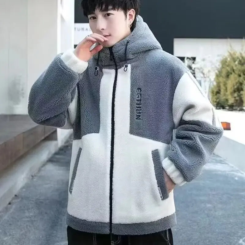 Lambskin Jacket Men - Stand Up Collar Cotton Jacket | Autumn Winter Solid Color Coat - ZOOMNSTORE