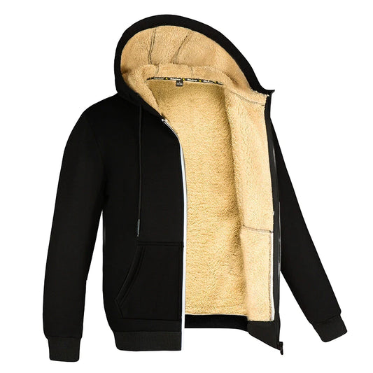 Mens Winter Lambswool Hooded Zipper Jacket - Warm Long Sleeve Fleece Coat - ZOOMNSTORE