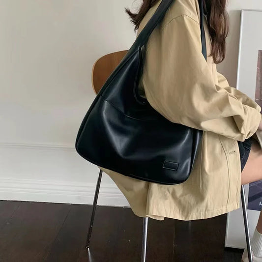 Large Black Leather Tote Bag - Stylish Casual Commuter Shoulder Bag - ZOOMNSTORE