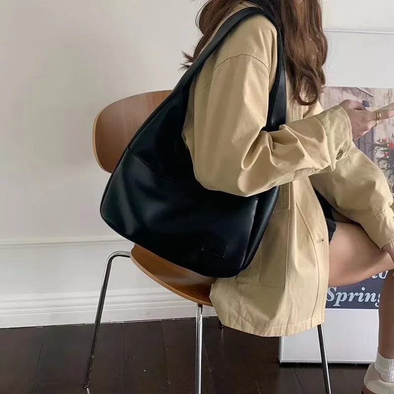 Large Black Leather Tote Bag - Stylish Casual Commuter Shoulder Bag - ZOOMNSTORE