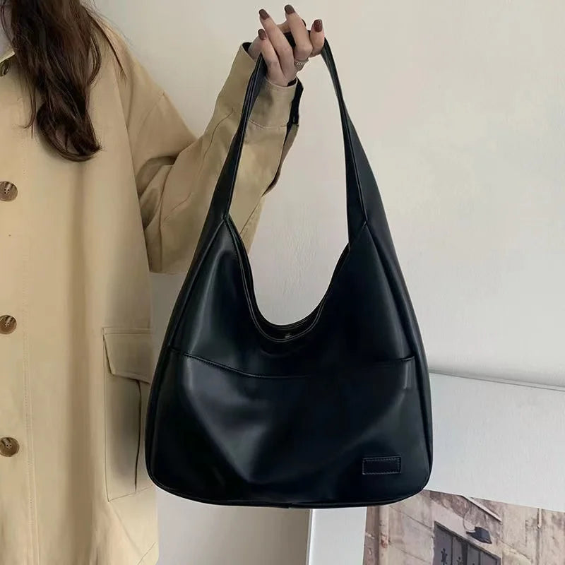 Large Black Leather Tote Bag - Stylish Casual Commuter Shoulder Bag - ZOOMNSTORE