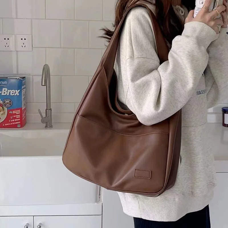 Large Black Leather Tote Bag - Stylish Casual Commuter Shoulder Bag - ZOOMNSTORE