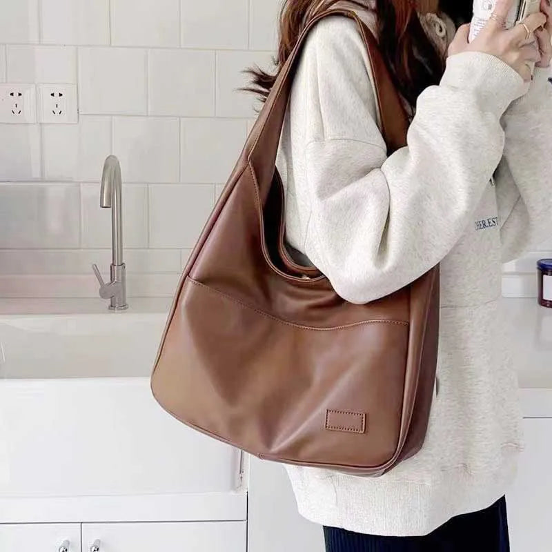 Large Black Leather Tote Bag - Stylish Casual Commuter Shoulder Bag - ZOOMNSTORE