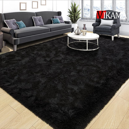 Large Black Plush Shag Area Rug - Soft Fluffy Bedroom Living Room Carpet - ZOOMNSTORE
