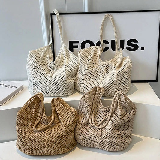 Large Capacity Knitting Shoulder Bag - Solid Crochet Tote  Hobo Beach Bag - ZOOMNSTORE