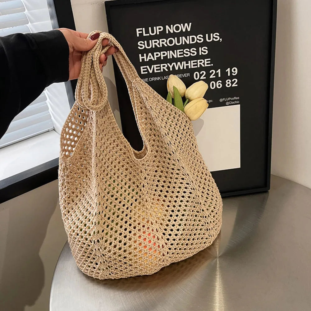 Large Capacity Knitting Shoulder Bag - Solid Crochet Tote  Hobo Beach Bag - ZOOMNSTORE