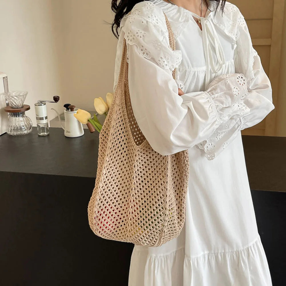 Large Capacity Knitting Shoulder Bag - Solid Crochet Tote  Hobo Beach Bag - ZOOMNSTORE