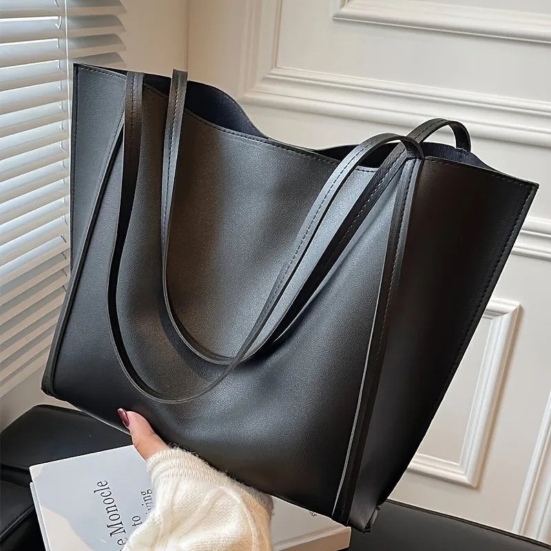 Large Capacity Tote Bag – Lightweight Black Synthetic Purse with Buckle Closure - ZOOMNSTORE