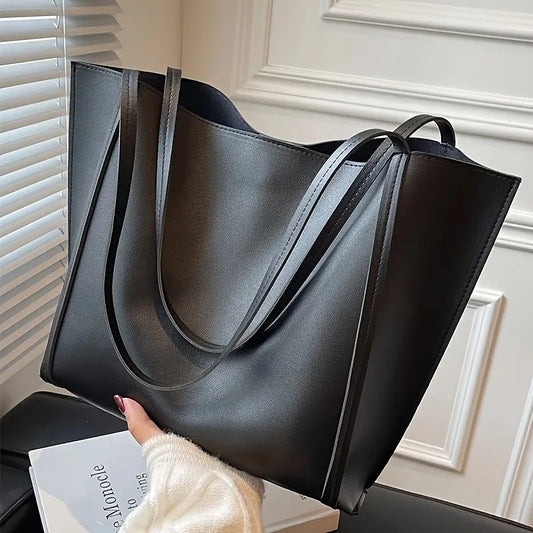 Large Capacity Tote Bag – Lightweight Black Synthetic Purse with Buckle Closure - ZOOMNSTORE