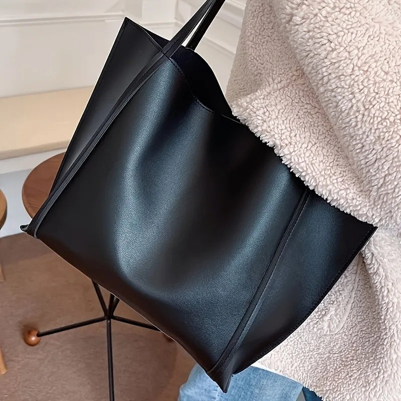 Large Capacity Tote Bag – Lightweight Black Synthetic Purse with Buckle Closure - ZOOMNSTORE