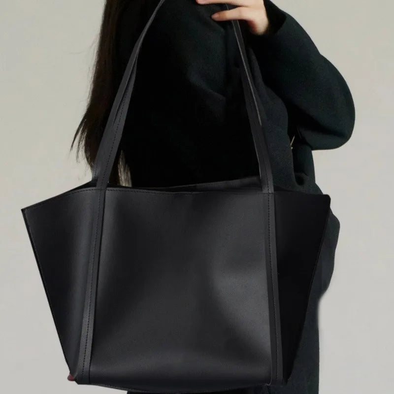 Large Capacity Tote Bag – Lightweight Black Synthetic Purse with Buckle Closure - ZOOMNSTORE