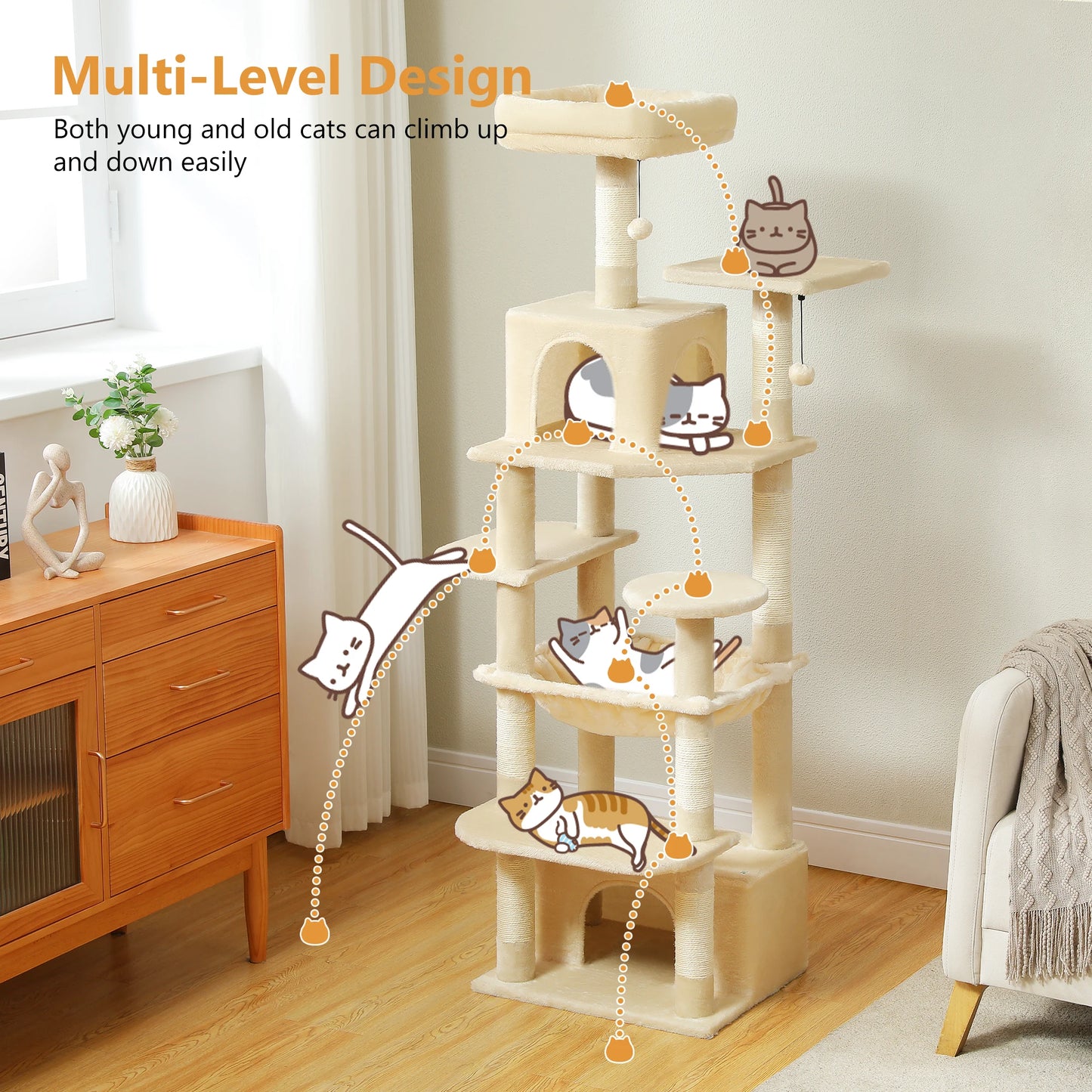 Large Cat Tree - Multi Level Indoor Cat Tower With Sisal Covered Posts & Spacious Condo - ZOOMNSTORE
