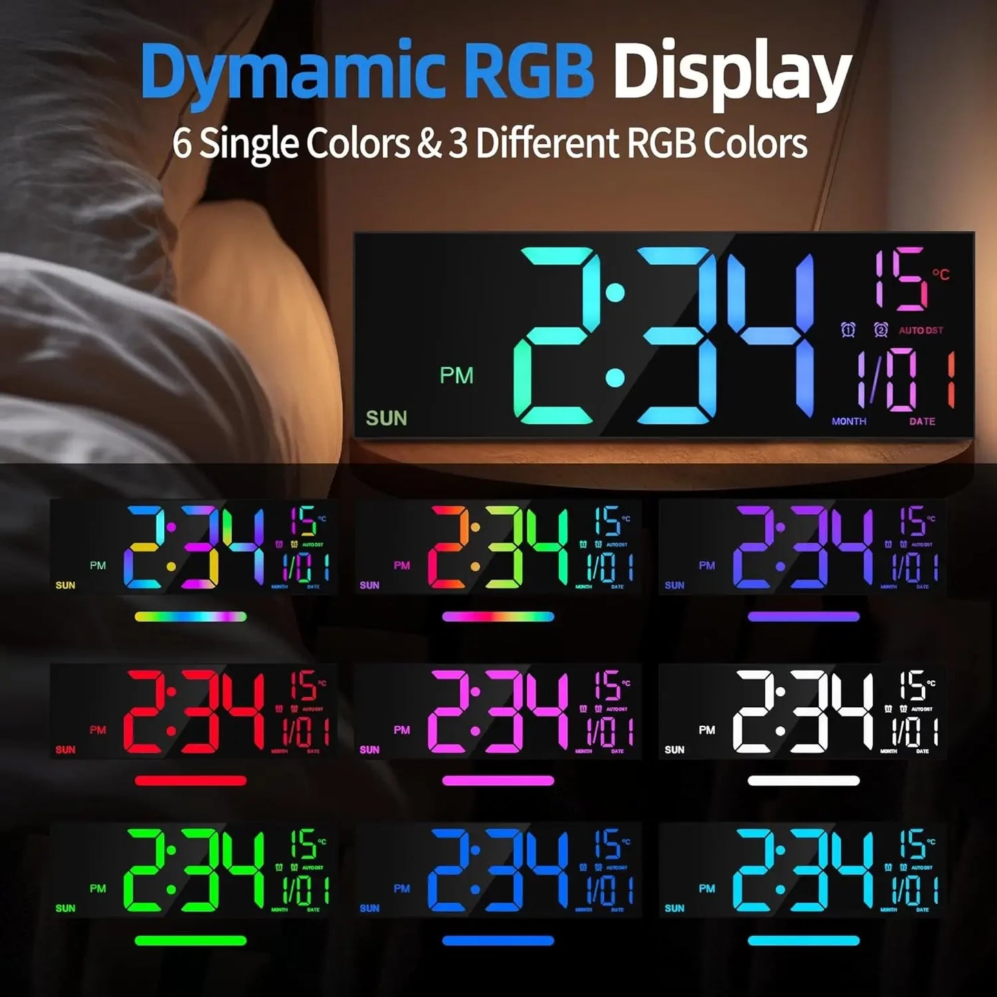 Large Digital Wall Clock - 162 LED with Remote Dual Alarm  RGB Colors - ZOOMNSTORE