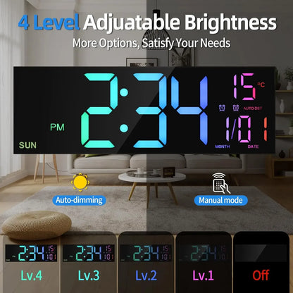 Large Digital Wall Clock - 162 LED with Remote Dual Alarm  RGB Colors - ZOOMNSTORE