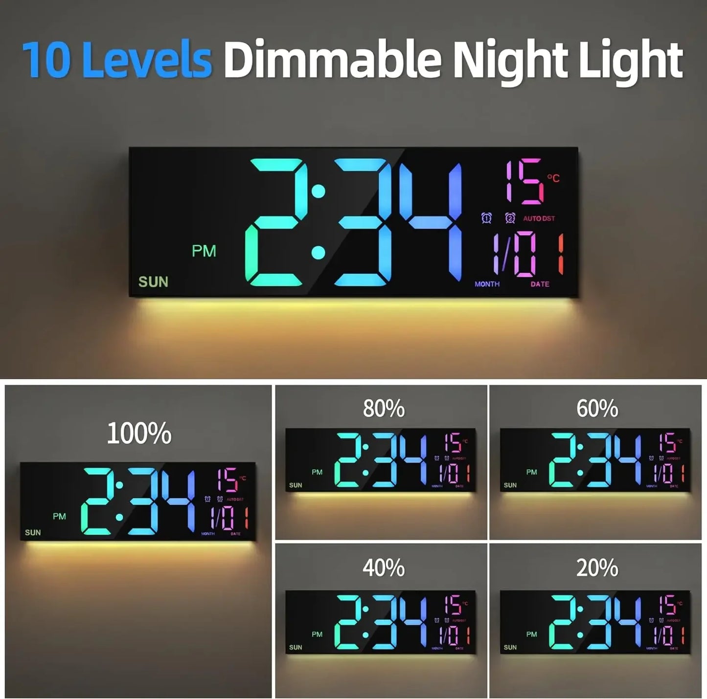 Large Digital Wall Clock - 162 LED with Remote Dual Alarm  RGB Colors - ZOOMNSTORE