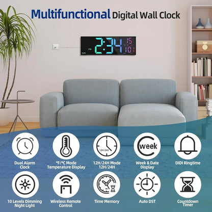 Large Digital Wall Clock - 162 LED with Remote Dual Alarm  RGB Colors - ZOOMNSTORE