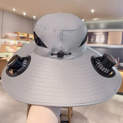 Large Quick Dry Bucket Hat with Solar Fan - USB Charging Sun Hat for Outdoor Activities - ZOOMNSTORE