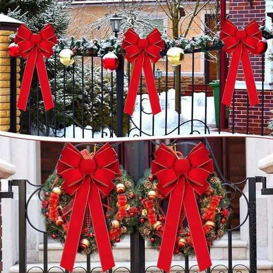 Large Red Velvet Christmas Tree Bow - Outdoor Holiday Decoration with Glitter Gold Edge - ZOOMNSTORE
