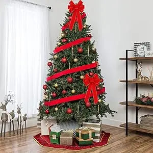 Large Red Velvet Christmas Tree Bow - Outdoor Holiday Decoration with Glitter Gold Edge - ZOOMNSTORE