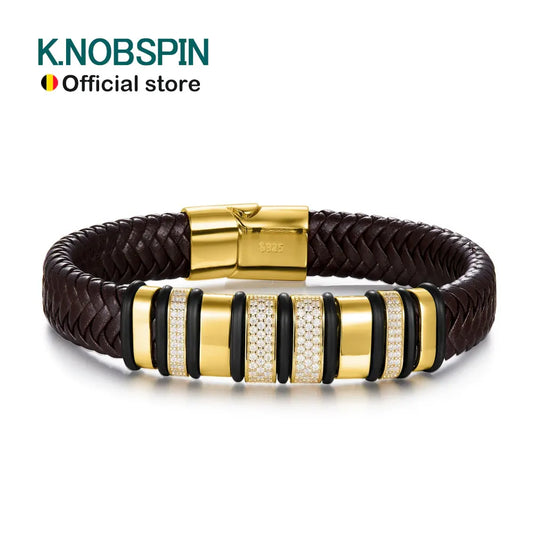 Luxury Cuban Bracelet - 8mm Leather  18k Gold Plated Sterling Silver with Lab-Grown Zircon Diamond for Men - ZOOMNSTORE